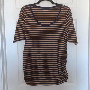 Motherhood  Maternity Striped Tan Blue Ruched Top Size L